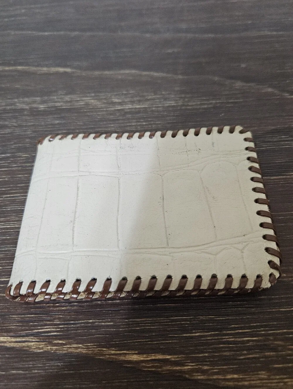 Vintage Hand Tooled Leather Stitched Ivory Wallet Alligator Design